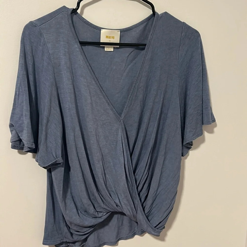 Maeve by Anthropologie Blue Wrap Top Short Sleeve Closet Staple Size Small
